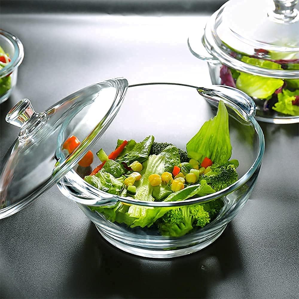 Dyomnizy Microwave Oven Safe Serving Bowl With Lid, Tempered Glass, For Rice And Boiling Food, 1000 Ml, Set Of 3